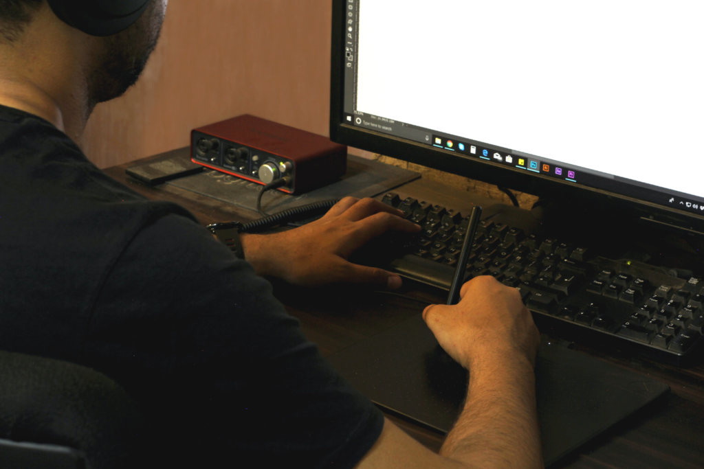 working hard at a PC