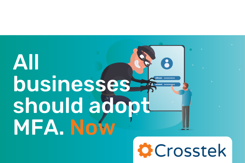 A cartoon graphic reading "all businesses should adopt MFA. Now."