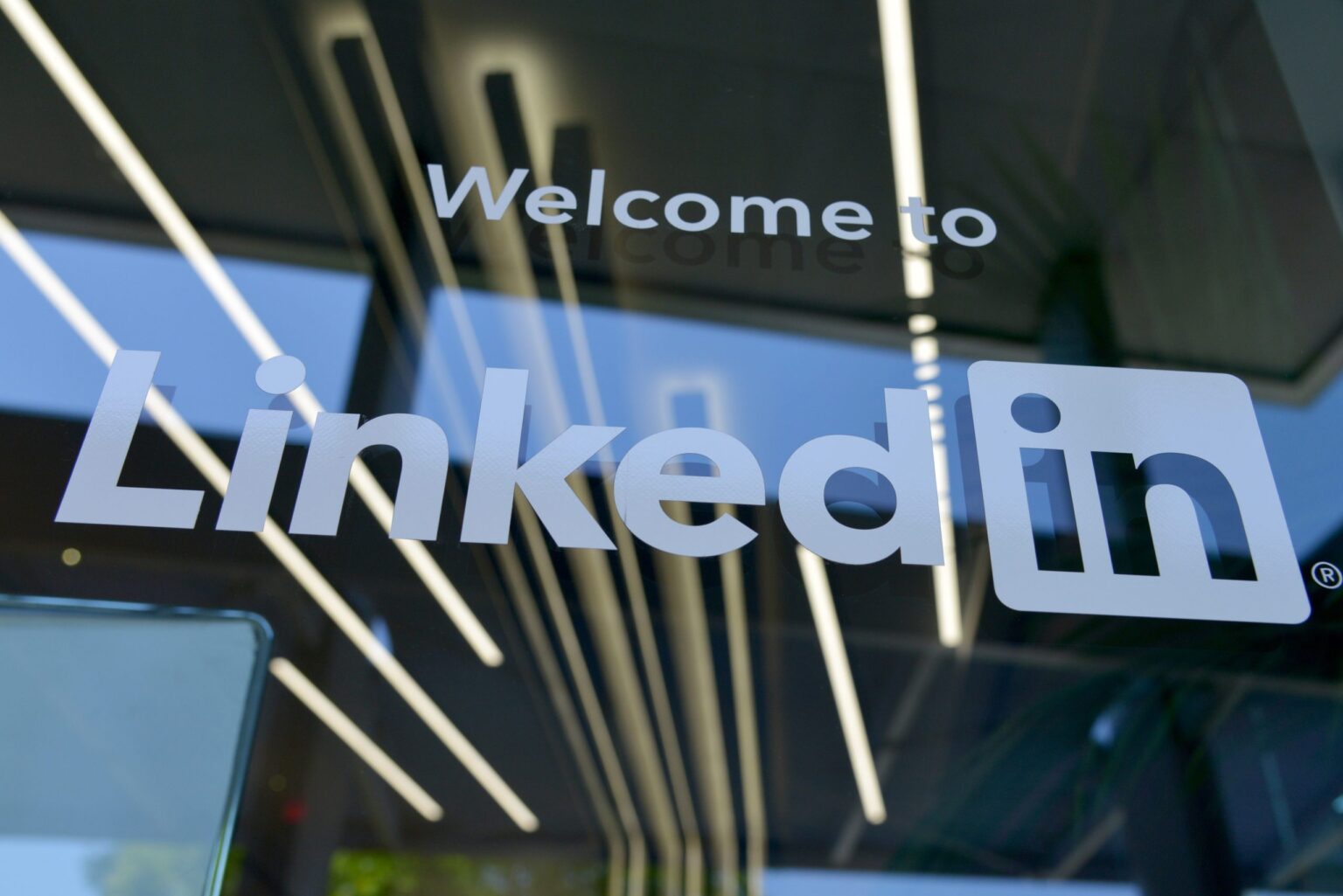 window decal reading "welcome to Linkedin"