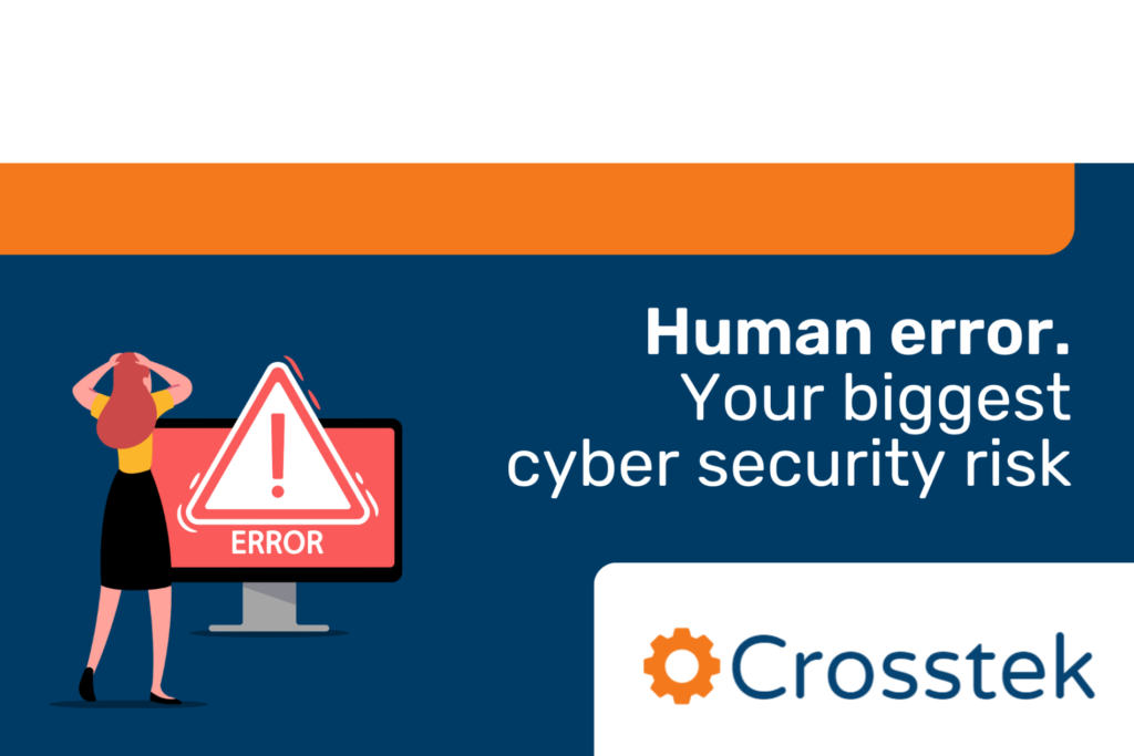 An illustration of a woman panicking in front of a computer error message with the title 'Human error, your biggest cyber security risk'