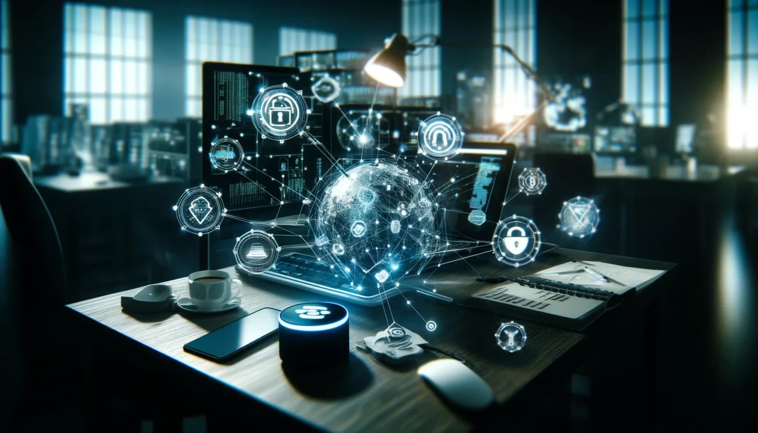 an office desk shows various device utilising the Internet of Things such as a voice activated assistant, phones, NFC tags and caption bubbles containing icons that describe the potential threat such as impersonation, security, passkeys etc.