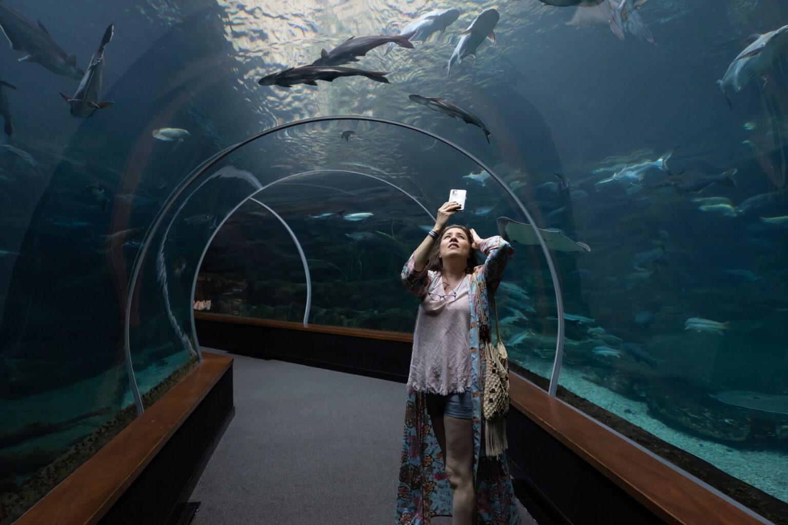 a woman pointing her phone camera at an aquarium